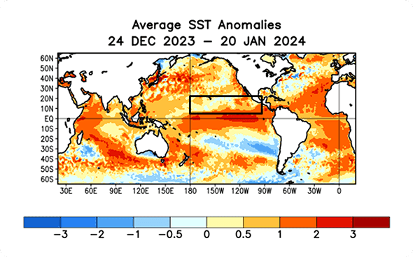 Fig. 1: Anomalia de temperatura da superfície do mar entre 24/12/2023 e 20/01/2024