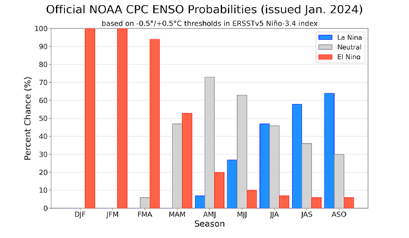 Fig. 2: Previsão de consenso dos institutos NOAA e IRI, atualizada em 11/01/2024