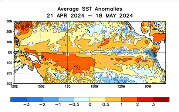 Fig. 1: Anomalia de temperatura da superfície do mar entre 24/03/2024 e 20/04/2024