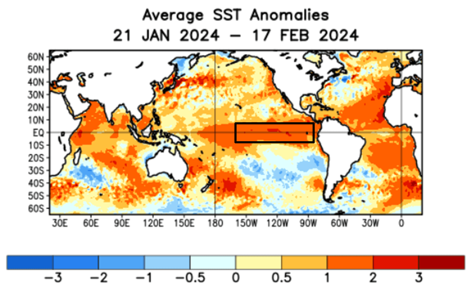 Fig. 1: Anomalia de temperatura da superfície do mar entre 21/01/2024 e 17/02/2024