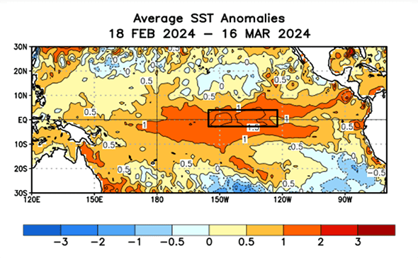 Fig. 1: Anomalia de temperatura da superfície do mar entre 18/02/2024 e 16/03/2024
