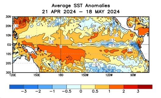 Fig. 1: Anomalia de temperatura da superfície do mar entre 21/04/2024 e 18/05/2024