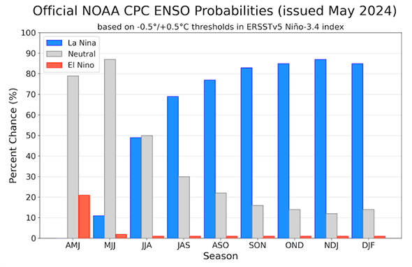 Fig. 2: Previsão de consenso dos institutos NOAA e IRI, atualizada em 09/05/2024