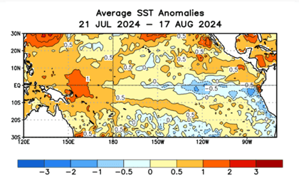Fig. 1: Anomalia de temperatura da superfície do mar entre 21/07/2024 e 17/08/2024