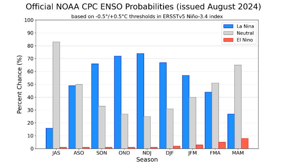 Fig. 2: Previsão de consenso dos institutos NOAA e IRI, atualizada em 08/08/2024