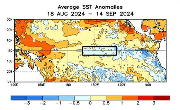 Fig. 1: Anomalia de temperatura da superfície do mar entre 18/08/2024 e 14/09/2024
